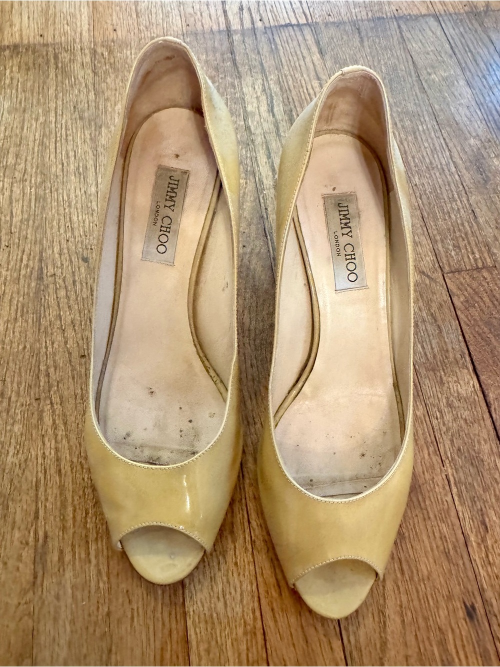 Jimmy Choo Tan Patent Leather Peep-Toe Heels - size 40.5
